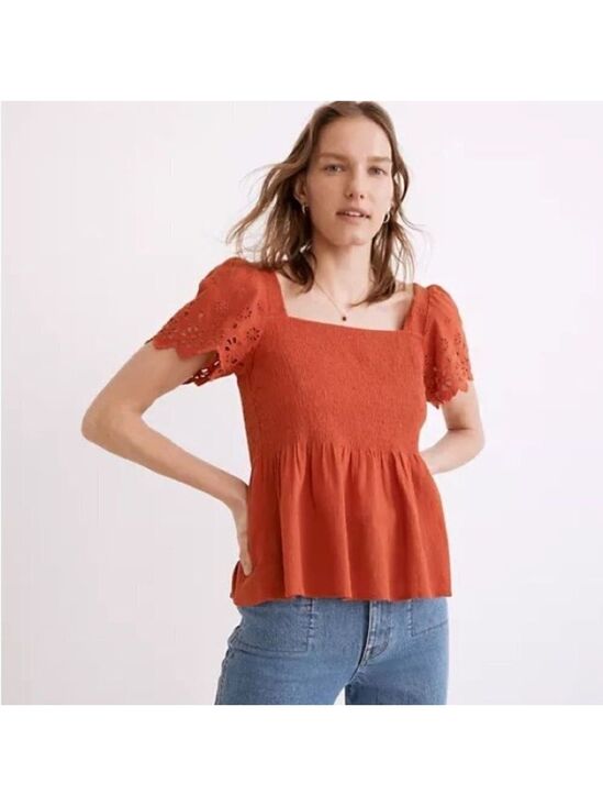 Madewell Tops - * NEW Madewell Eyelet-Sleeve Lucie Orange Smocked Peplum Top Size XS